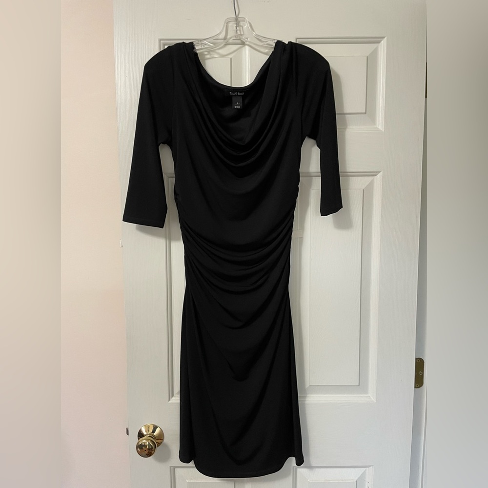 Very pretty White House Black Market black dress with draping & gathers-size 6.